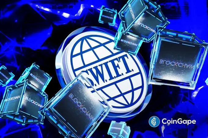 A digital illustration featuring the SWIFT logo on a globe, surrounded by floating translucent blocks labeled "BLOCKCHAIN" against a deep blue background, visually representing SWIFT's expansion into blockchain technology for cross-border payments.