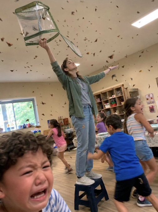 A chaotic indoor scene where a woman stands on a stool releasing a large net full of butterflies, while children, including one crying in the foreground, react around her.