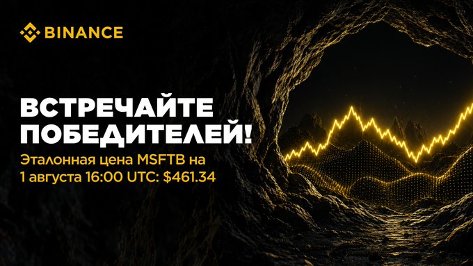 This Binance graphic announces winners with the reference price of MSFTB at $461.34 on August 1st, 16:00 UTC, visualized by a glowing upward trend line.