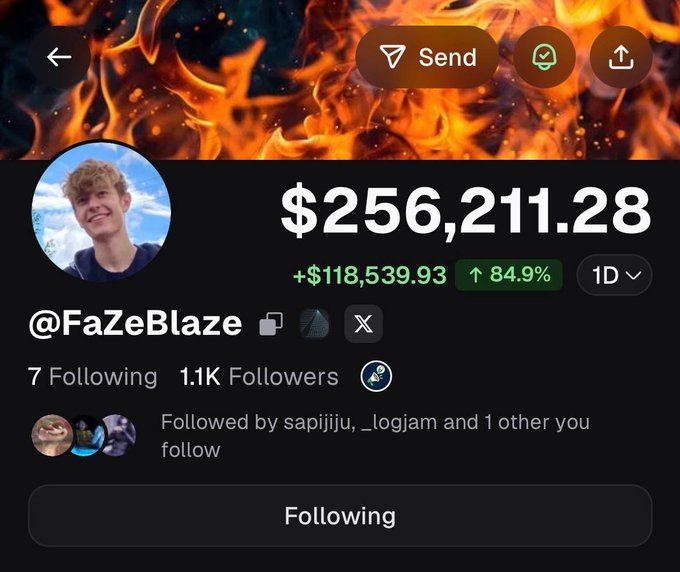 The image shows a cryptocurrency tracking profile for @FaZeBlaze displaying a portfolio value of $256,211.28 with a +$118,539.93 (84.9%) gain in 1D, set against a fiery background. The accompanying post explains this is misleading because someone purchased 70% of a token's supply and sent it to him, artificially inflating the displayed portfolio value rather than reflecting legitimate trading gains.