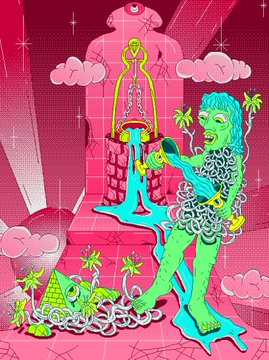 A smaller, slightly zoomed-in version of the same surreal digital illustration of the green-skinned woman playing saxophone.