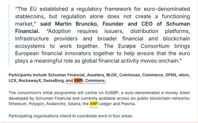 A quoted statement from Martin Bruncko, Founder and CEO of Schuman Financial, discussing the EU's regulatory framework for euro-denominated stablecoins and the Europe Consortium, with mentions of XRP and XRP Ledger.