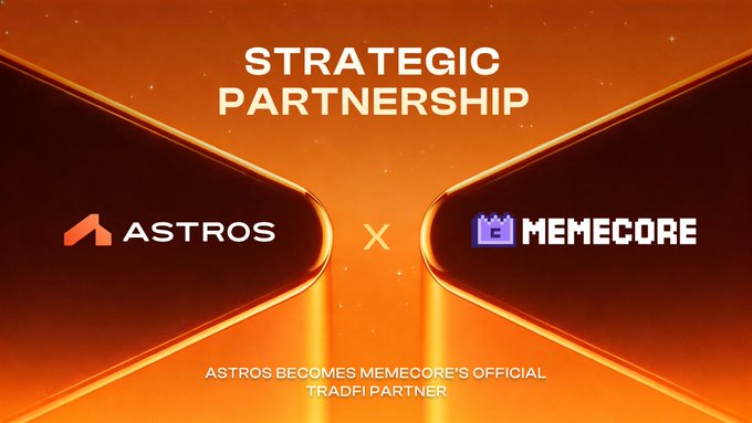 The image features two logos side by side, one representing Astros and the other representing Memecore. The Astros logo is orange with white text that says "Strategic Partnership", while the Memecore logo is purple with white text that reads "Memecore's official token $M". Both logos are set against a dark red background, creating a striking contrast. The image also includes text that reads "Just saw that SUI chain'S golden child Astros has officially launched Memecore's official token $M", indicating the launch of the partnership between the two companies.