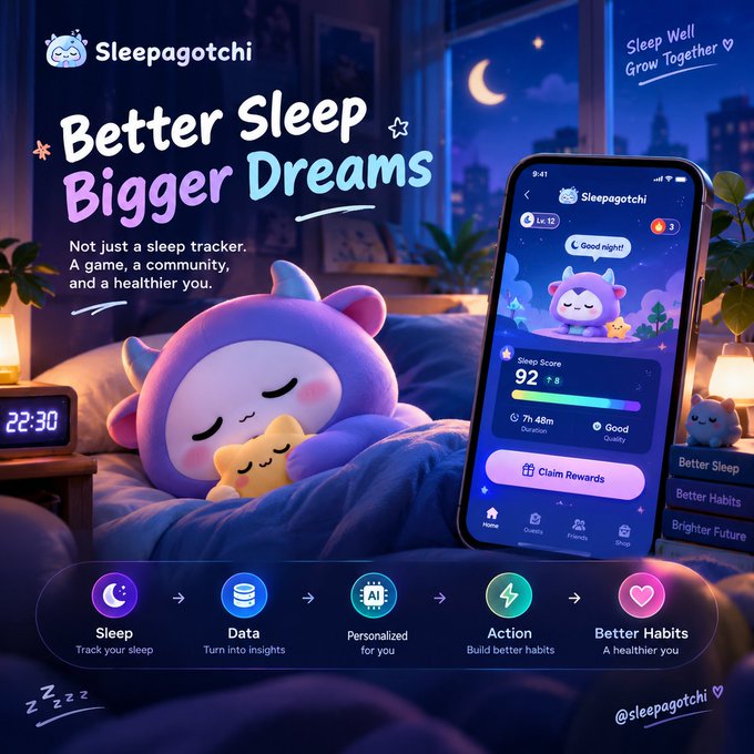 An advertisement for the 'Sleepagotchi' app featuring a purple mascot character on a bed alongside a phone displaying a sleep score of 92, with the text 'Better Sleep Bigger Dreams' and 'Sleep Well, Grow Together'.