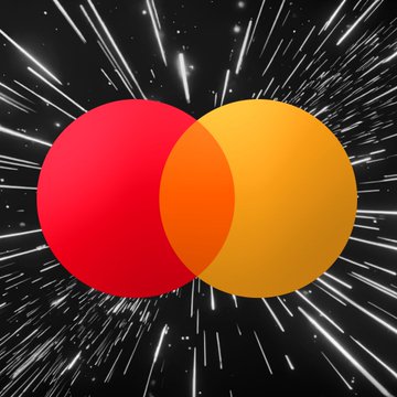 The image features its iconic red and orange overlapping circles logo set against a dynamic starburst background, symbolizing the Mastercard brand. This relates to the post by highlighting Mastercard as one of the payment methods now supported through Topper's integration with Cardano's SundaeSwap and Float for purchasing $ADA directly via card.