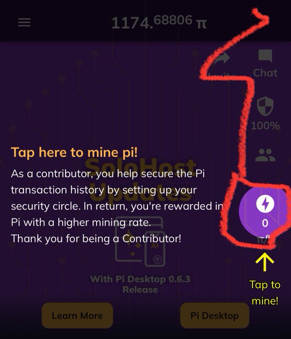 A screenshot of the Pi cryptocurrency app displaying '1174.68806 π', with an overlay message 'Tap here to mine pi!' and an arrow pointing to a lightning bolt icon labeled 'Tap to mine!'.