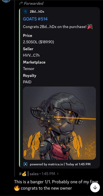 A Telegram message screenshot showing the sale of GOATS #514 NFT for 2.50 SOL ($189.90) on Tensor marketplace, featuring a robot character with yellow glowing eyes and an image posted by 2Bd...hDx.