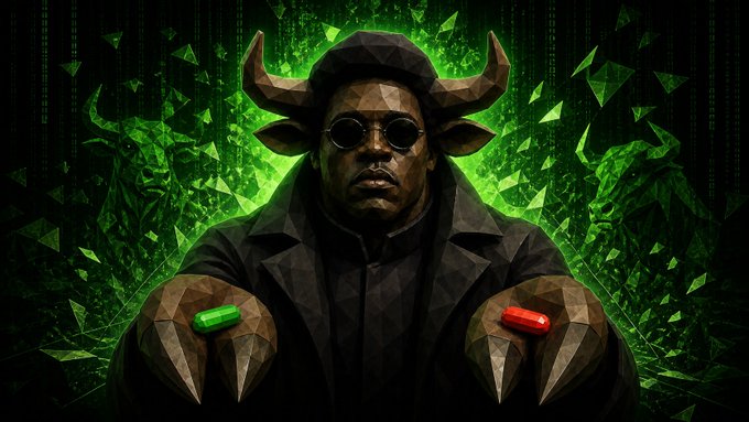 A stylized digital artwork of a bull-headed figure wearing sunglasses and a coat, holding a green pill in one hand and a red pill in the other, set against a green matrix-style background.