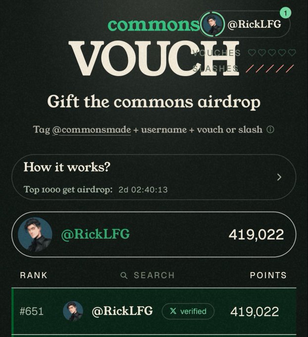A screenshot of a 'commons' app interface for a voucher airdrop, showing user '@RickLFG' at rank #651 with 419,022 points.