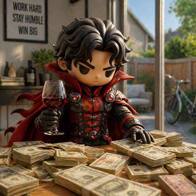 A chibi-style vampire character in a red gothic outfit sits at a table covered in stacks of cash, holding a glass of red wine beneath a framed sign that reads "WORK HARD STAY HUMBLE WIN BIG." The image perfectly captures the "get paid" hustle energy of the weekly plans, with the motivational sign reinforcing the grind-and-get-paid-again mantra behind every bullet point.