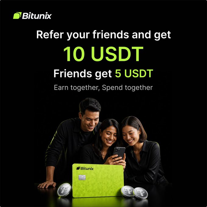 The image is a Bitunix promotional graphic with the tagline "Refer your friends and get 10 USDT, Friends get 5 USDT — Earn together, Spend together." It features three smiling young people gathered around a smartphone, accompanied by a green Bitunix Card and Tether (USDT) coins, visually reinforcing the referral offer highlighted in the post.