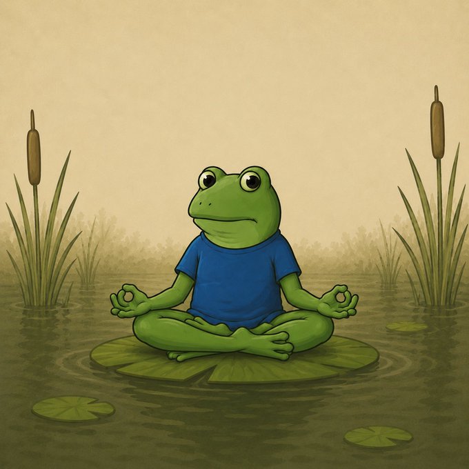 An illustrated green frog wearing a blue t-shirt, sitting in a lotus meditation pose on a lily pad in a pond with cattails.