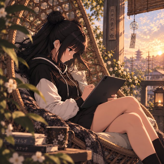 An anime-style illustration of a dark-haired girl in a black hoodie sitting in a hanging wicker chair, writing on a tablet, with a Japanese sunset landscape in the background and books nearby.
