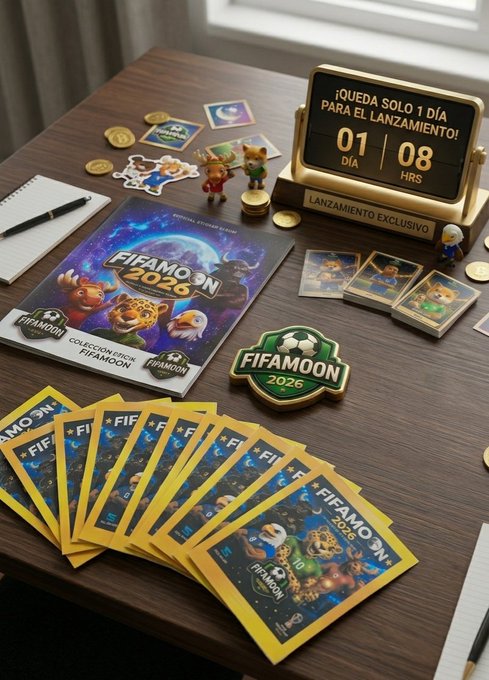 The image features a wooden desk with various items, including a book titled "FIFAMOON" and several football-related items such as stickers, magnets, and other memorabilia related to the FIFA World Cup. The post seems to be promoting an album or collection of football-themed items for sale on PUMPFUN.