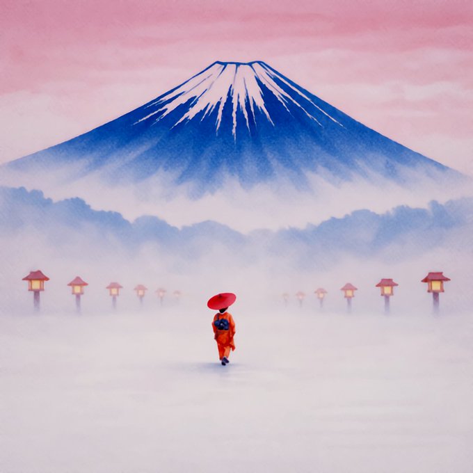 An illustrated scene of a person in a red kimono and umbrella walking toward Mount Fuji, with traditional lanterns lining the misty path beneath a pink sky.