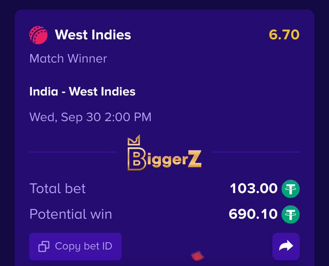 A BiggerZ betting slip showing a 103 USDT wager on West Indies to win at 6.70 odds against India, yielding a 690.10 USDT potential payout for the September 30 match. The image directly visualizes the cricket bet described in the post.