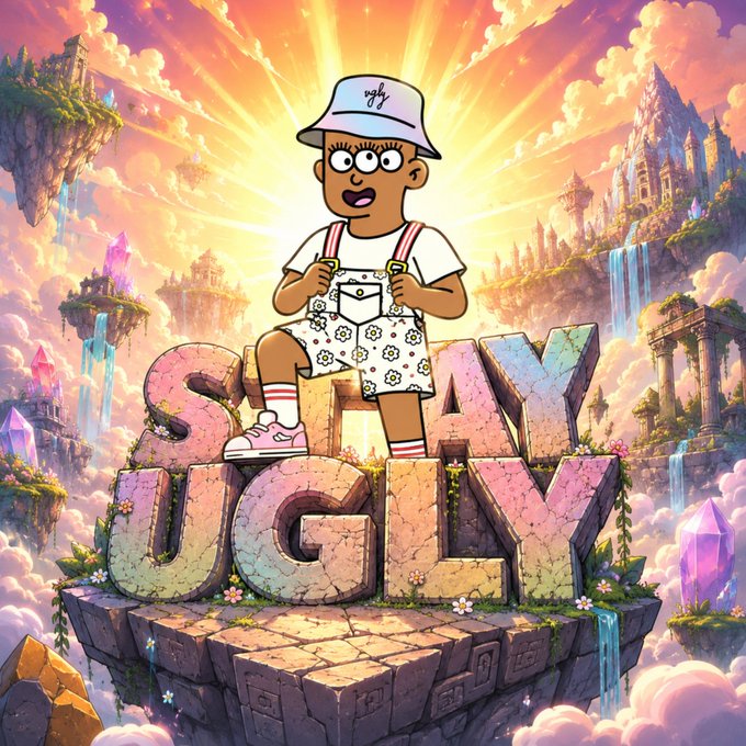 A vibrant digital illustration of a cartoon character wearing a bucket hat and patterned overalls standing on 3D letters spelling 'STAY UGLY' on a floating island, surrounded by castles, floating landmasses, and crystals against a bright, sunburst sky.