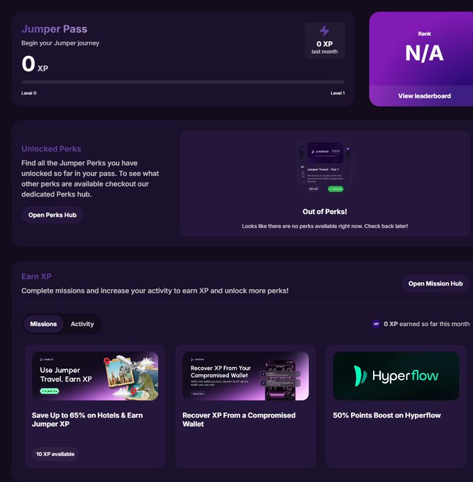A Jumper Pass dashboard showing 0 XP at Level 0, with sections for Unlocked Perks (currently showing 'Out of Perks!') and an Earn XP section featuring missions like Jumper Travel and Hyperflow.