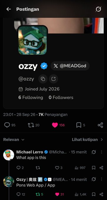 A screenshot of a social media profile for "ozzy" (@MEADGod), joined July 2026, with 0 followers and showing a recent post titled "Pons Web App / App."