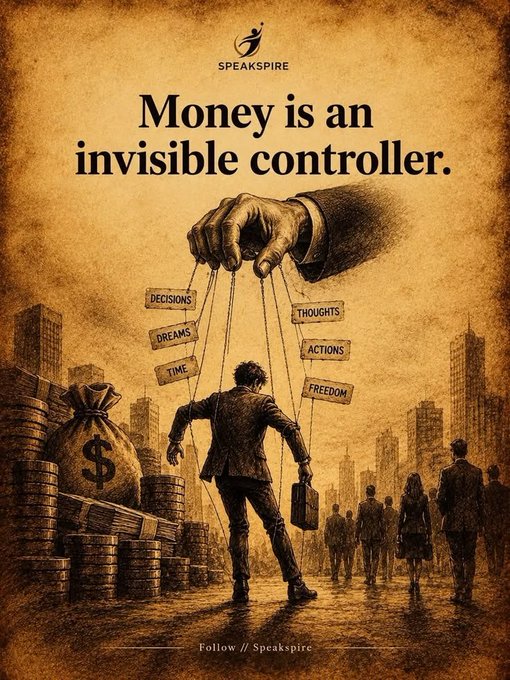 A vintage-style illustration from Speakspire titled "Money is an invisible controller" depicts a giant hand pulling strings attached to labels like 'Decisions,' 'Dreams,' 'Time,' 'Thoughts,' 'Actions,' and 'Freedom,' manipulating a man in a suit standing before piles of gold coins.
