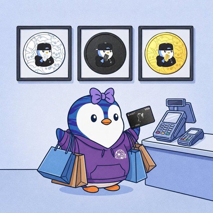 The image features a cartoon penguin standing next to a desk with a cash register, holding shopping bags. The penguin appears to be dressed in a purple hoodie or sweater. There are three different pictures of penguins displayed above the penguin on the wall behind him. These images showcase various styles and poses of penguins. The post seems to be promoting an online store called "@KAST XYZ Pudgy Penguins", which sells penguin-themed merchandise, including clothing items like hoodies or sweaters in different colors and designs.