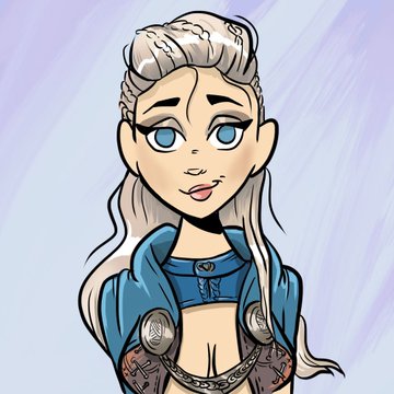 A cartoon-style portrait of a woman with long white/silver hair and blue eyes wearing a blue jacket and chains.
