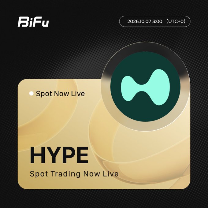 A BiFu crypto exchange promotional graphic announcing that 'HYPE Spot Trading Now Live' as of 2026.10.07 3:00 (UTC+0), featuring the HYPE token logo.