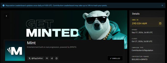 A promotional page for 'GET MINTED' showcasing a sunglasses-wearing bear, with campaign details indicating it 'ENDS IN 29D 03H 46M', 'CLOSES Oct 17, 2026', and features a $50,000 reward pool.