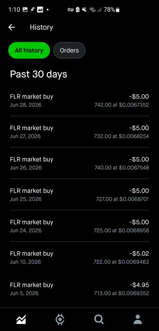A screenshot of a crypto app's transaction history showing recurring "$5.00" FLR (Flare) market buys from June 5 to June 28, 2026, at prices ranging from 0.00669 to 0.00689, illustrating the user's disciplined dollar-cost averaging strategy toward accumulating 10,000 FLR before moving holdings to earn yield.