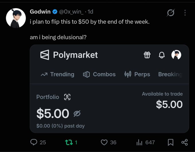 A tweet from user @0x_win_ asks "i plan to flip this to $50 by the end of the week. am i being delusional?" while showing a Polymarket portfolio screenshot with $5.00 available to trade and 647 views.