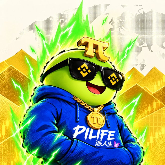 A green, sunglasses-wearing meme character wearing a "PILIFE 派人生" hoodie and Pi coin accessories flexes against a backdrop of rising green candles and Binance-style charts. The image ties to the caption "A meme is more than just a meme" by portraying the Pi coin mascot not as a joke, but as a bold, confident symbol of crypto culture and hype.