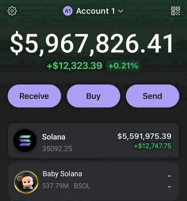 The image shows a phone screen with a financial app displaying the details of some transactions, including $5,967,826,41 being sent from account BOLA to another account labeled Baby Solana. The other account also has an amount of $7,500 that was recently received. Some people seem to be following or interacting with this post on social media, which could suggest that they're interested in investing or discussing the transactions taking place.