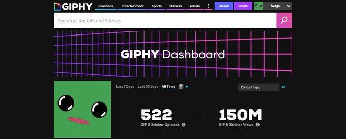 Screenshot of the GIPHY website header with the purple grid 'GIPHY Dashboard' banner, showing a green cartoon character and statistics of 522 GIF & Sticker Uploads and 150M GIF & Sticker Views.