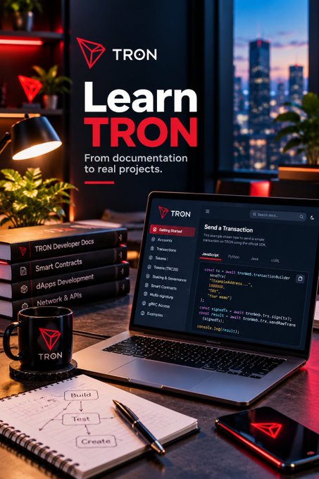 TRON developer-learning promotion with the text “Learn TRON” and “From documentation to real projects.” A laptop displays TRON documentation and code, alongside books labeled “TRON Developer Docs,” “Smart Contracts,” “dApps Development,” and “Network & APIs.”