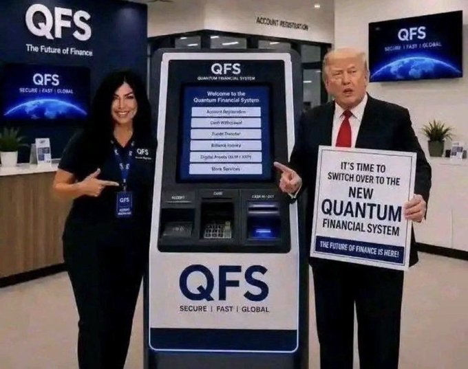 The image shows a woman in a QFS-branded outfit and a man resembling Donald Trump standing beside a "Quantum Financial System" kiosk in an "Account Registration" area, with the man holding a sign reading "IT'S TIME TO SWITCH OVER TO THE NEW QUANTUM FINANCIAL SYSTEM — THE FUTURE OF FINANCE IS HERE!" This staged promotional image visually supports the post's call to switch to the new system by depicting QFS machines and encouraging users to set up QFS accounts and obtain QFS debit cards.