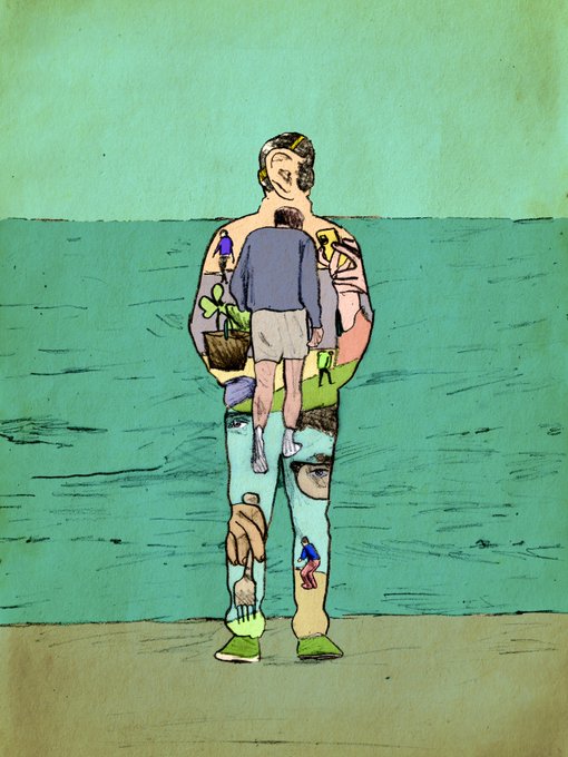 The image depicts a stylized illustration of a tattooed man standing at the ocean's edge, his body adorned with smaller scenes and figures—including a child, a dog, and a rose—visually echoing the post's poetic reflection that humans are "vessels of memory," where each tattoo represents a cherished experience or connection held within.