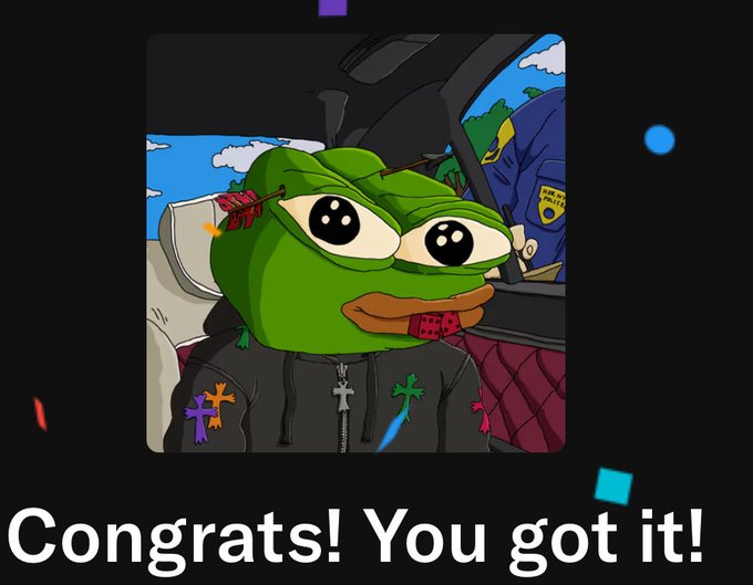 An illustration of a sad Pepe the Frog character in a hoodie sitting in a car with a police officer behind him, captioned 'Congrats! You got it!'