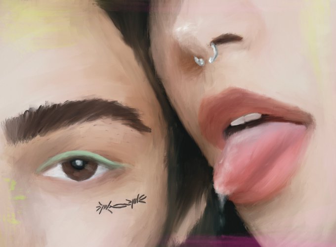 A close-up digital painting showing two faces in profile—one with a green-lined eye and a fishbone tattoo beneath it, and another with a nose piercing licking its lips, with saliva dripping down.
