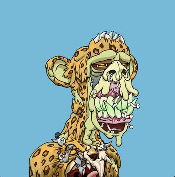 A cartoon illustration of a grotesque, zombie-like leopard with exposed teeth and green drool against a blue background.