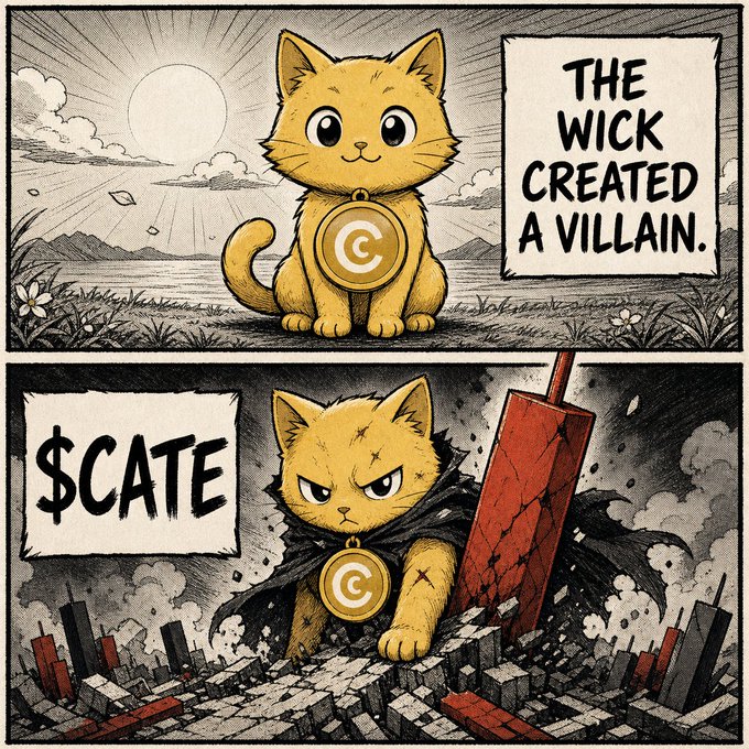 A two-panel comic illustration showing a cute cat with a C token medallion in the top panel captioned 'THE WICK CREATED A VILLAIN,' and a battle-scarred villain version with a giant candle in the bottom panel labeled '$CATE'.
