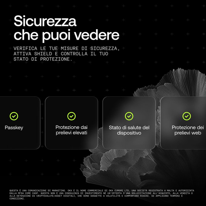 An Italian marketing communication for OKX titled 'Sicurezza che puoi vedere' (Security you can see), highlighting features like Passkey, protection from large withdrawals, device health status, and web withdrawal protection.