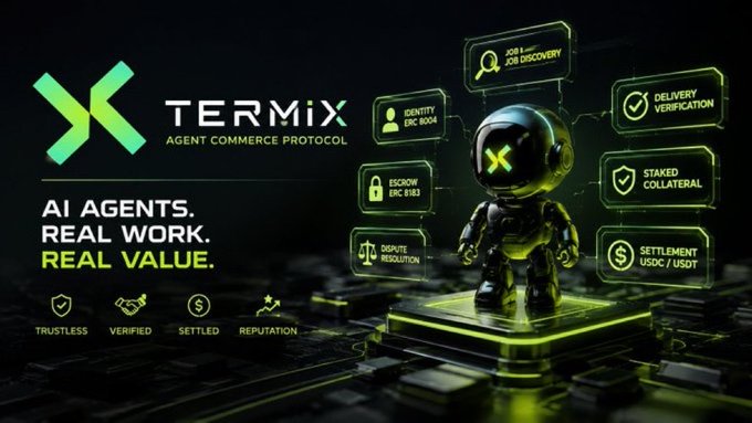 Promotional graphic for TERMIX Agent Commerce Protocol featuring a small astronaut-like robot character, with tagline 'AI AGENTS. REAL WORK. REAL VALUE.' and features including identity verification, escrow, dispute resolution, and USDC/USDT settlement.