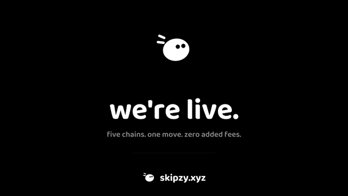 Black screen with white text reading "we're live." and "Five chains. one move. zero added fees." alongside the URL "skipzy.xyz."