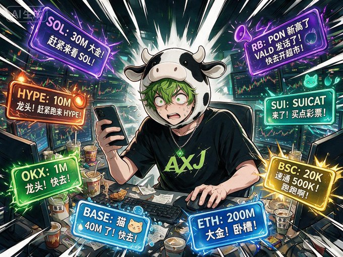 An anime-style illustration of a shocked green-haired character in a cow hat holding a phone, surrounded by trading alerts for crypto tokens including SOL (30M), HYPE (10M), OKX (1M), BASE (40M), BSC (20K), ETH (200M), RB, and SUI, with Chinese text urging users to buy in.