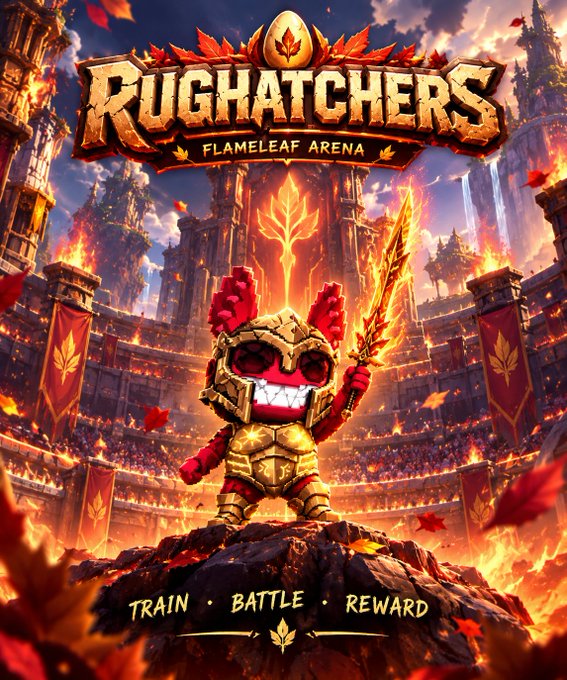 Promotional artwork for 'RUGHATCHERS: FlameLeaf Arena,' featuring a red creature in golden knight armor holding a flaming sword, with text reading 'TRAIN • BATTLE • REWARD.'