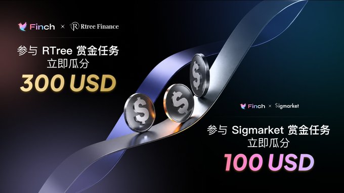 A promotional graphic featuring coins on a ribbon advertises 'Finch x Rtree Finance' and 'Finch x Sigmarket' tasks offering '300 USD' and '100 USD' rewards respectively.