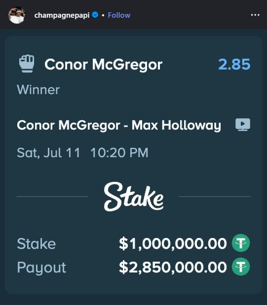 An Instagram story from @champagnepapi showing a $1,000,000 Stake bet on Conor McGregor vs. Max Holloway with a potential payout of $2,850,000.
