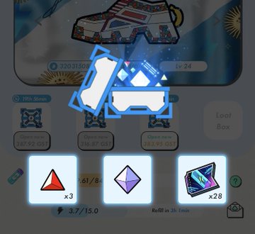 A screenshot from a mobile game interface showing various gem and item rewards, overlaid with a large, prominent blue and white "A" logo.