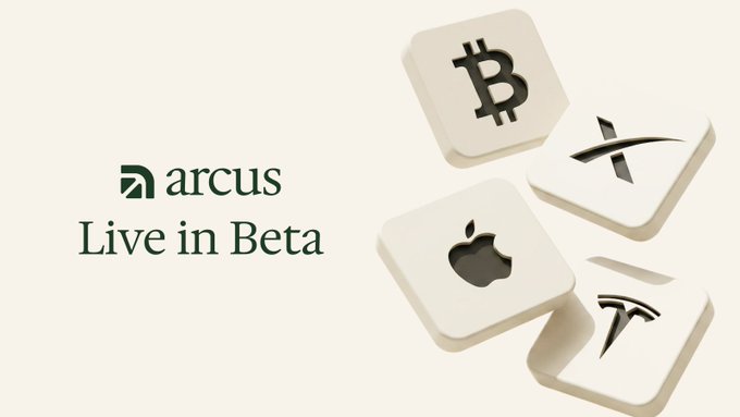 The image features the "arcus" logo alongside the text "Live in Beta," accompanied by four floating tiles displaying icons for Bitcoin (₿), the X platform, Apple, and Tesla, visually representing the variety of stock tokens and cryptocurrencies available for trading on the Arcus DEX as mentioned in the post.