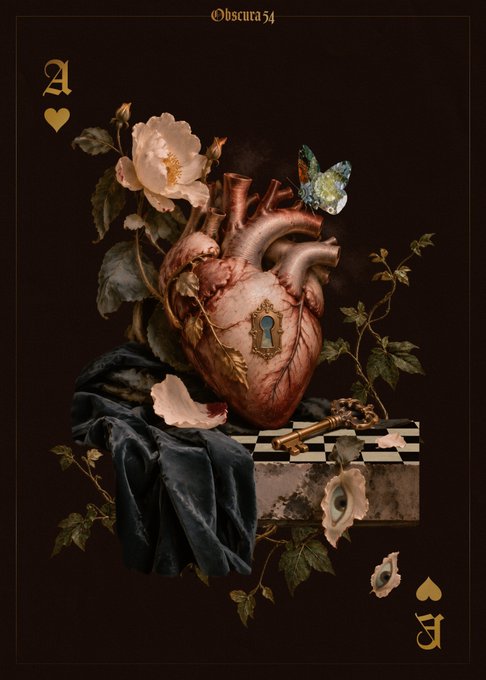 A dark, gothic-style playing card featuring an Ace of Hearts design, centered on an anatomical heart with a keyhole, surrounded by roses, ivy, a key, and a blue butterfly, with "Obscura54" at the top.